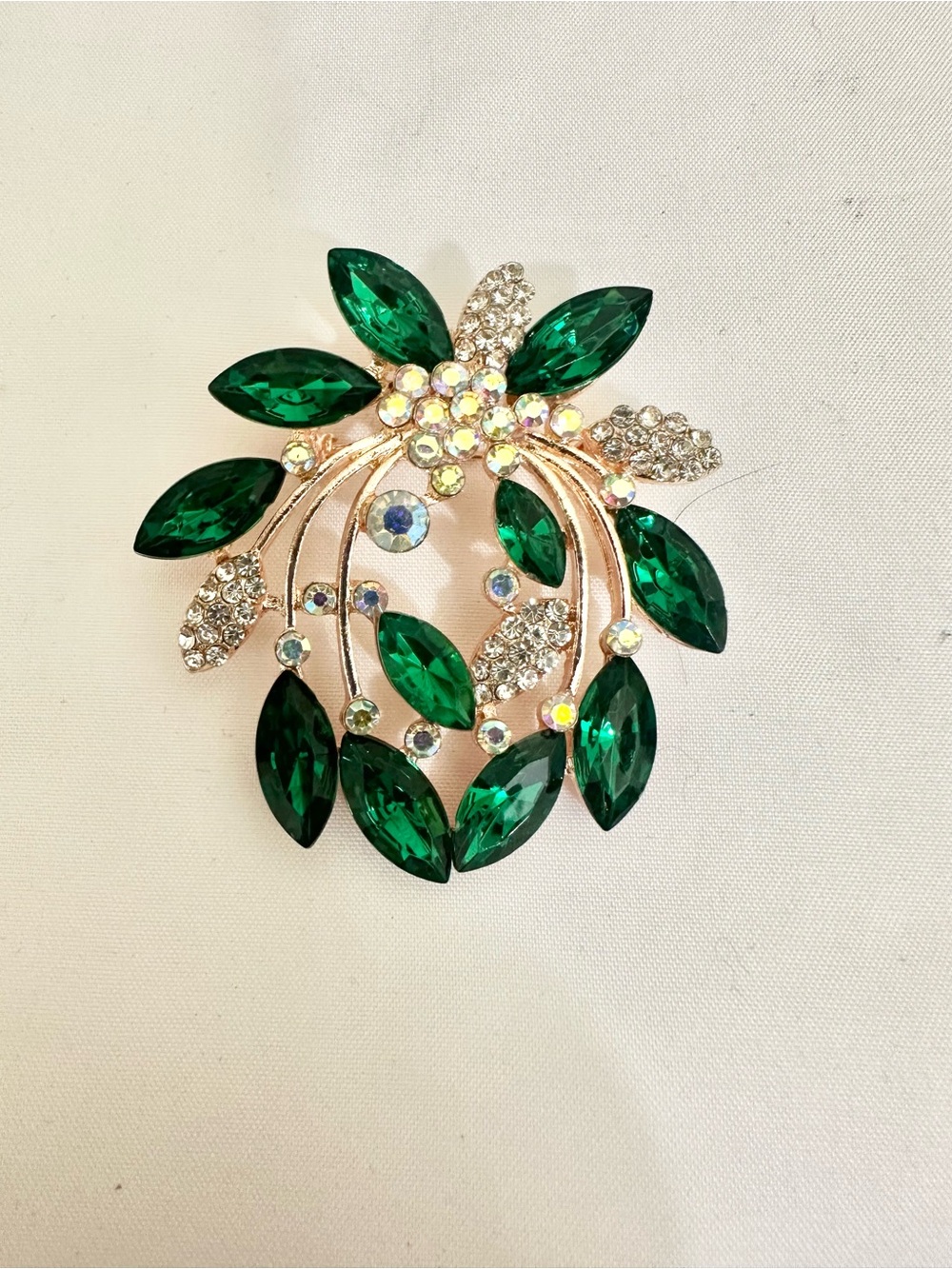 Elegant Emerald Green Cabochons & AB Crystal Leaf Brooch